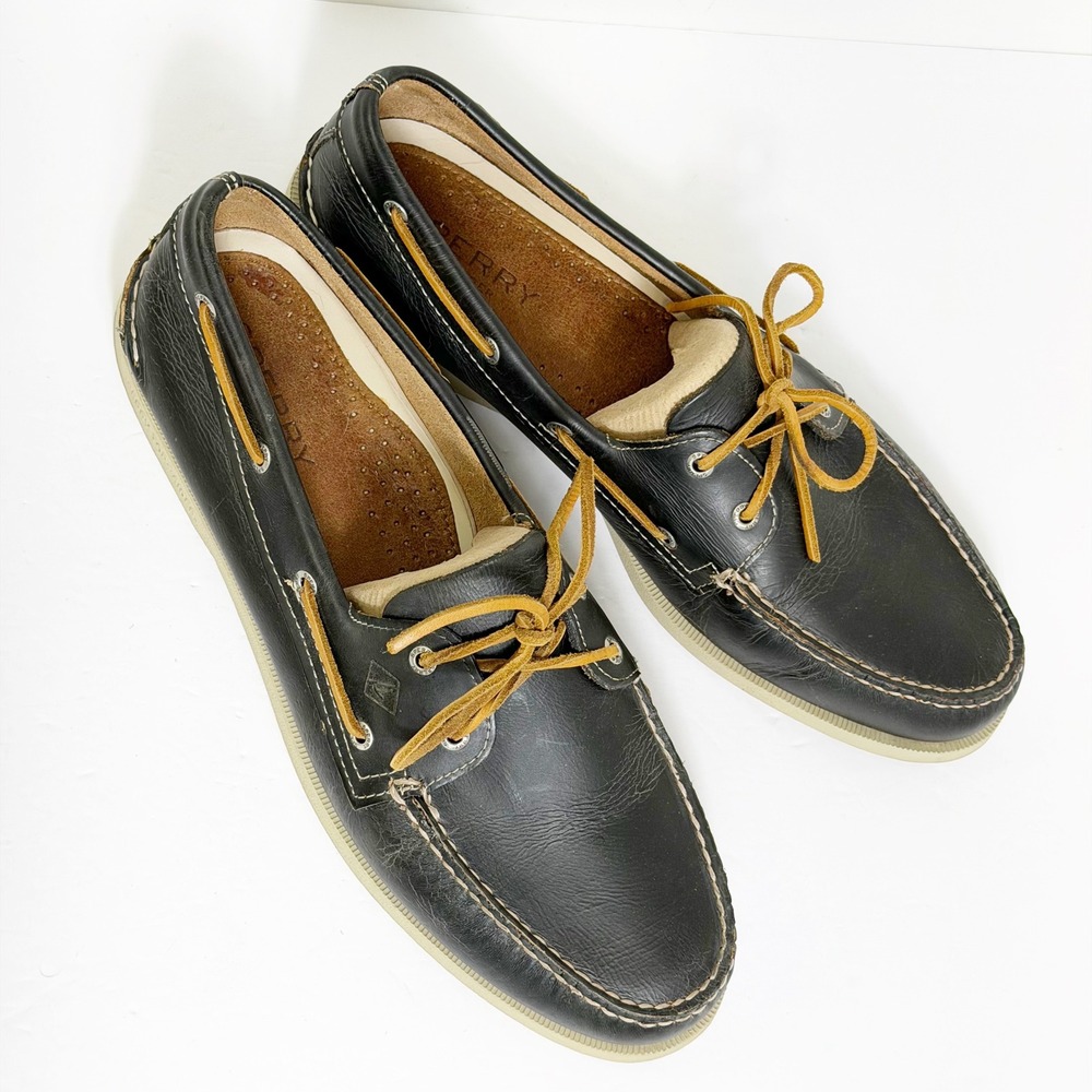Sperry Boat Shoes Mens 15W Black Leather Authentic Original A/O 2-Eye Deck Shoes - Picture 2 of 5